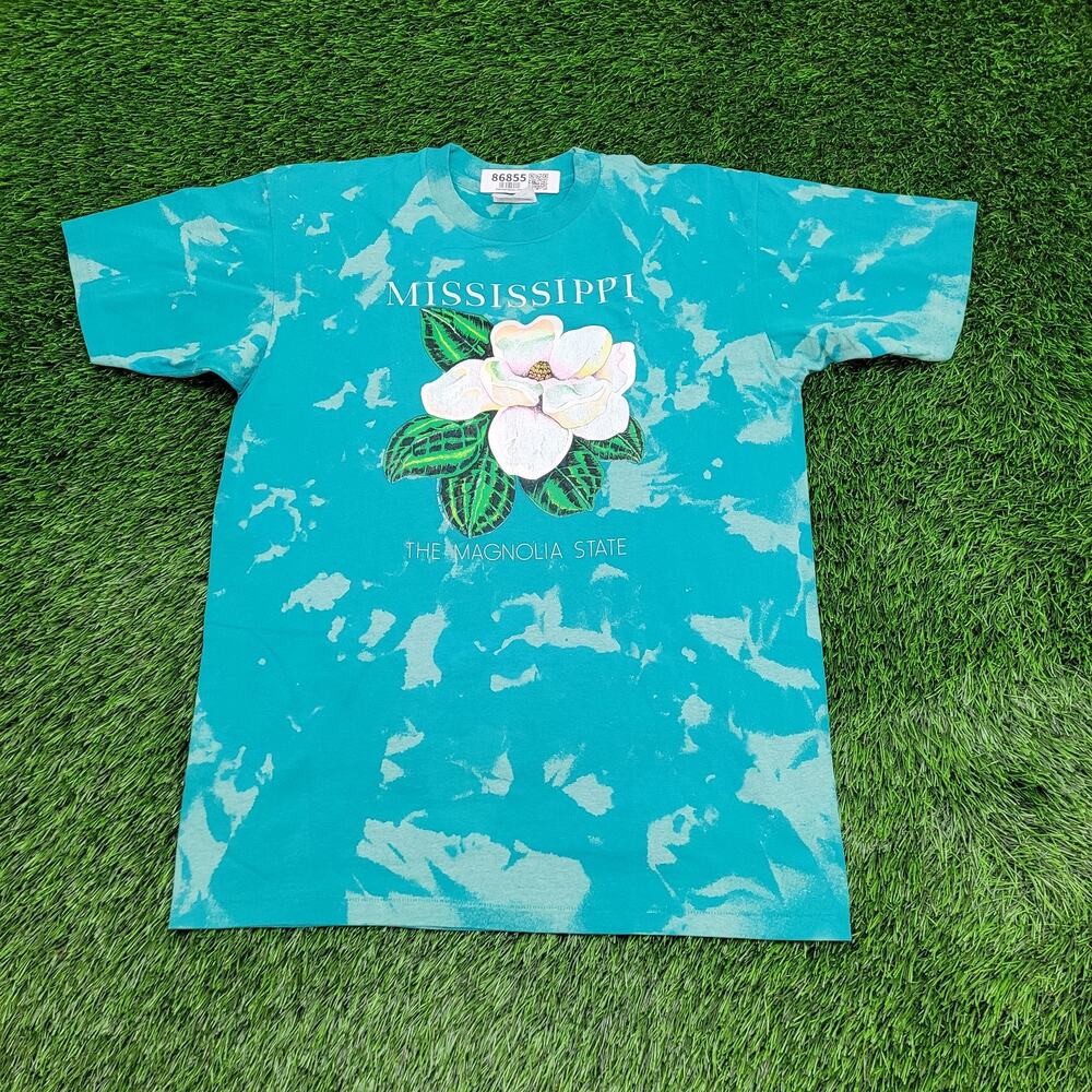 Vintage 80s Mississippi Floral Shirt Womens Large 20x26 Blue